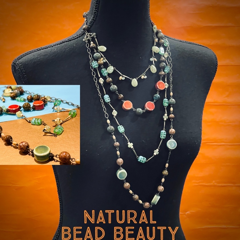Boho Natural Bead Layered Antique Bronze Glass Wood Porcelain Necklace